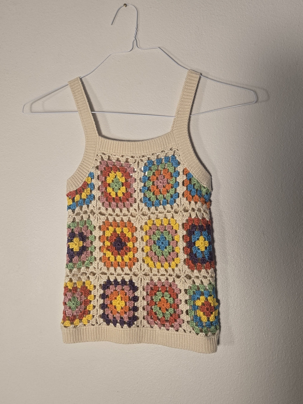 Crochet Granny Square Tank Top in Cream with Multicolor Squares